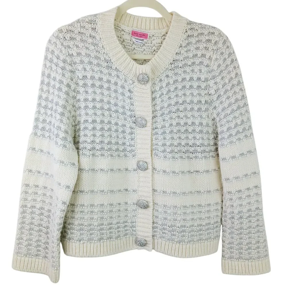 Kate Spade SZ L Jewel Button Textured Cream Silver Wool Alpaca Cardigan $328